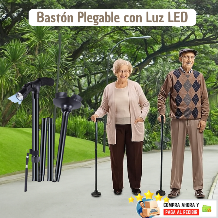 Bastón Multifuncional: Plegable, Suela Antideslizante + Linterna Integrada