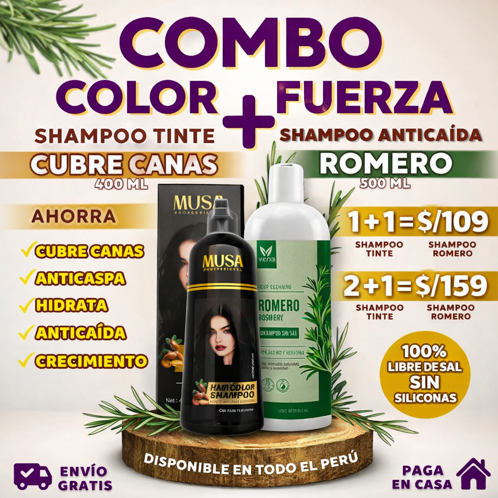 PACK 2 X 1 SHAMPOO TINTE CUBRE CANAS 400ML + SHAMPOO ROMERO 500ML - OFERTA 99.90 SOLO HOY