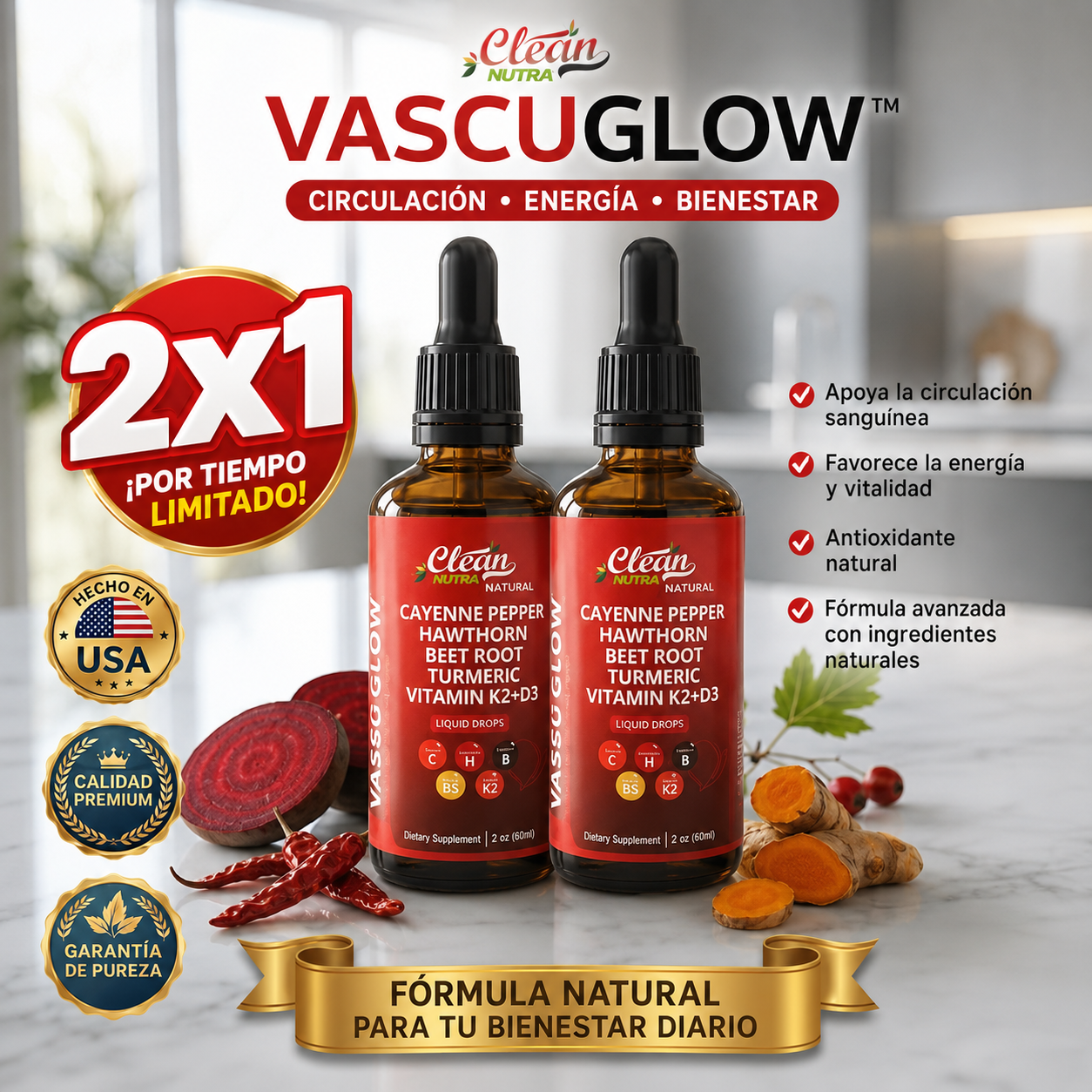 Vascu Glow – Gotas Líquidas Todo en Uno con Vitaminas K2 + D3 y Extractos Botánicos