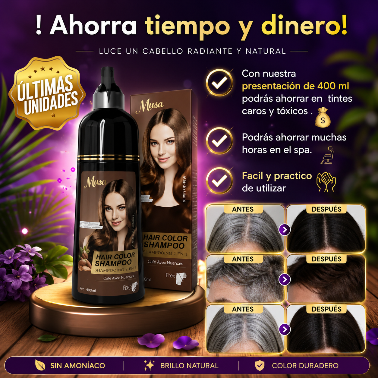 Shampoo Tinte Cubre Canas sin Amoníaco | Color Natural y Cuidado del Cabello en Minutos