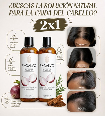 champú EXCALVO con aceite de romero, cebolla roja y canela - oferta 2x1