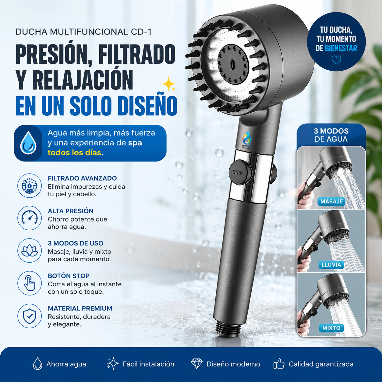 Ducha Multifuncional CD-1 | Presión, Filtrado y Relajación en un Solo Diseño ✨