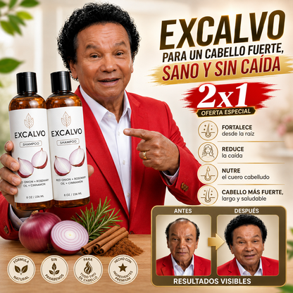 champú EXCALVO con aceite de romero, cebolla roja y canela - oferta 2x1