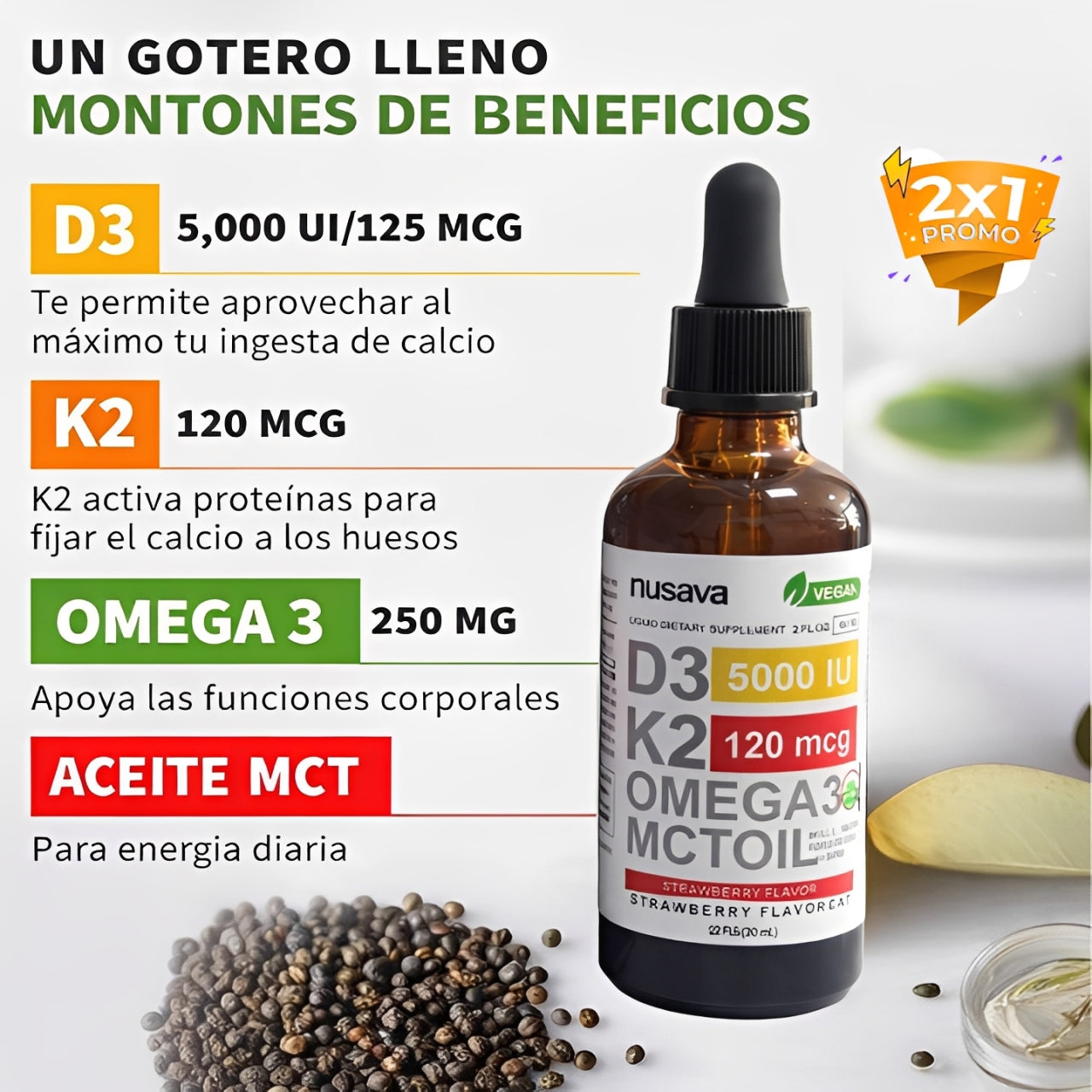 Vitamina D3 + K2  con Omega 3 +  Aceite MCT OIL